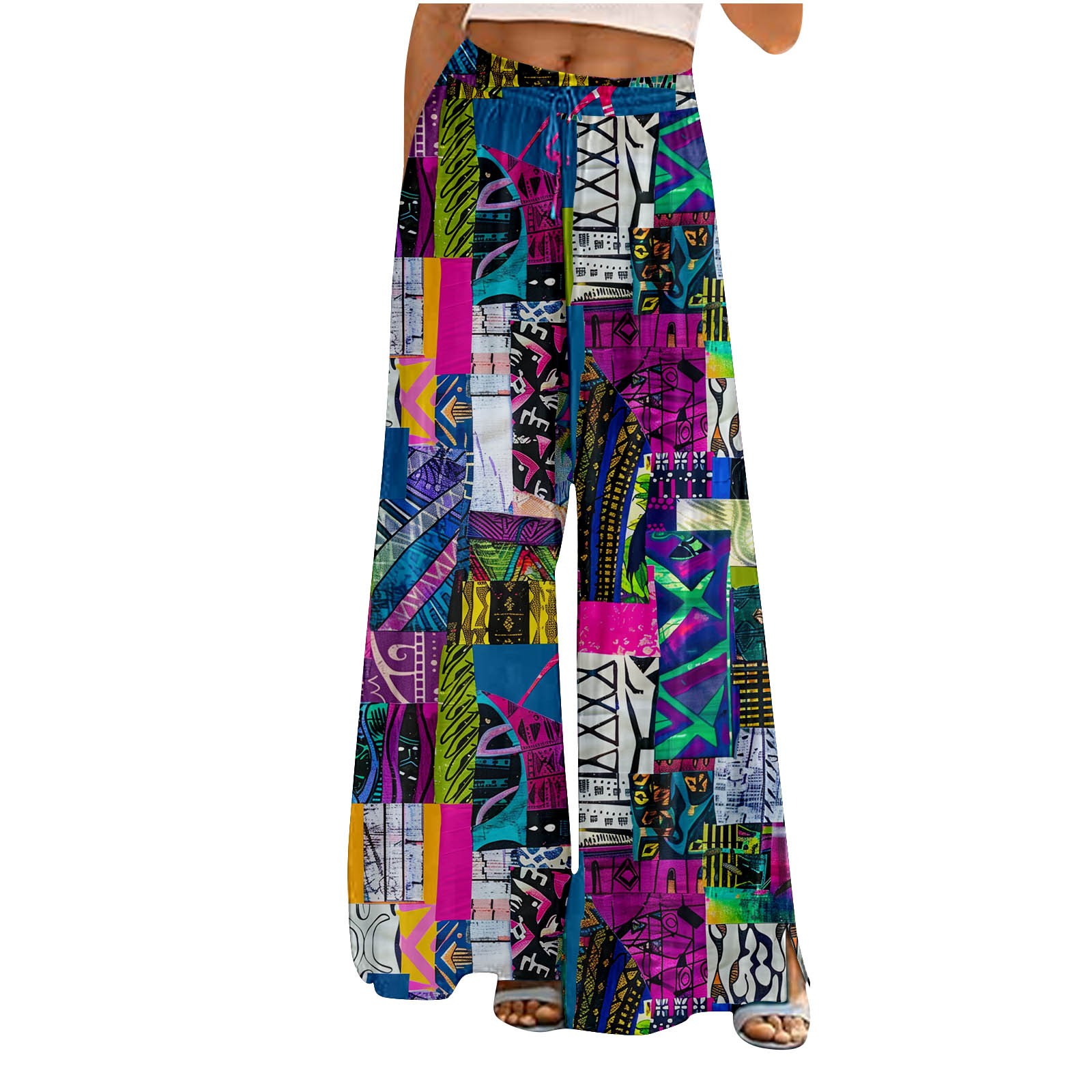 Palazzo Pants for Women Flowy Boho Beach Trousers Casual Loose Print High Waisted Wide Leg Bottoms with Pockets (Multicolor L)